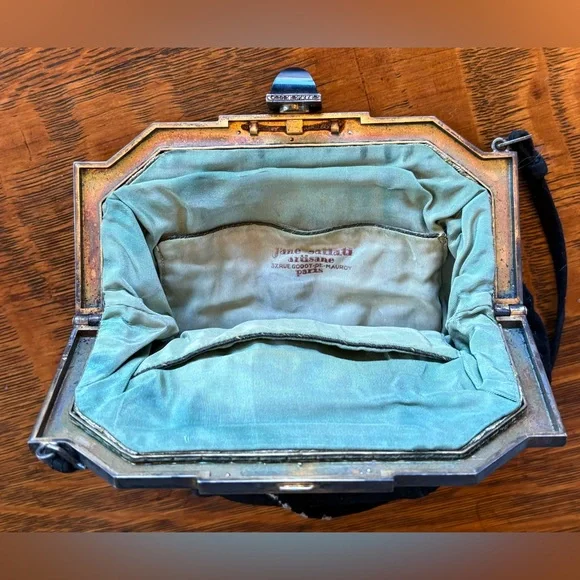 1920-1930 Vintage French Art Deco Black Purse Bag Jane Saltati Metal w/ Stones - Picture 4 of 12